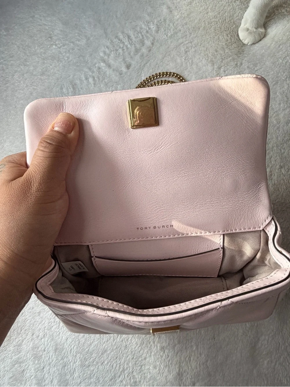 Tory Burch Quilted Pale Pink Leather Crossbody with Gold Chain